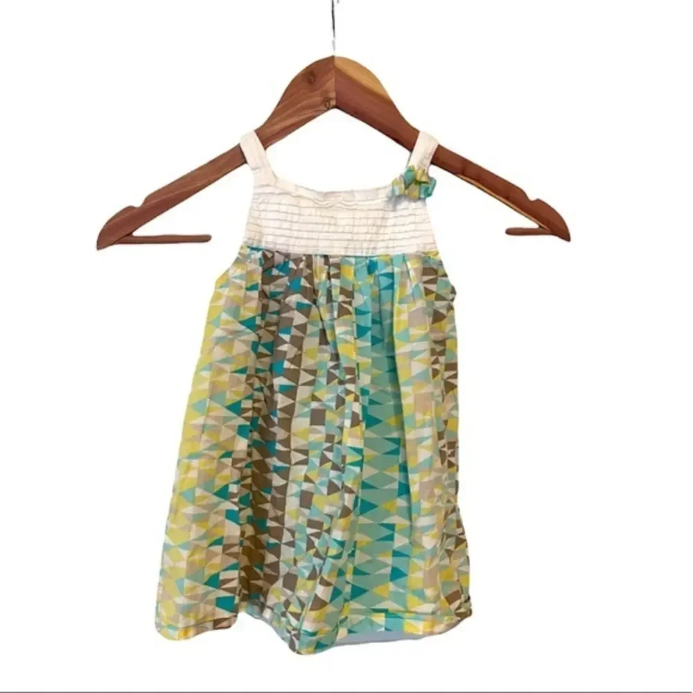 Rim Zim 3T blue/yellow/white/brown geometric 100% cotton A line sleeveless dress